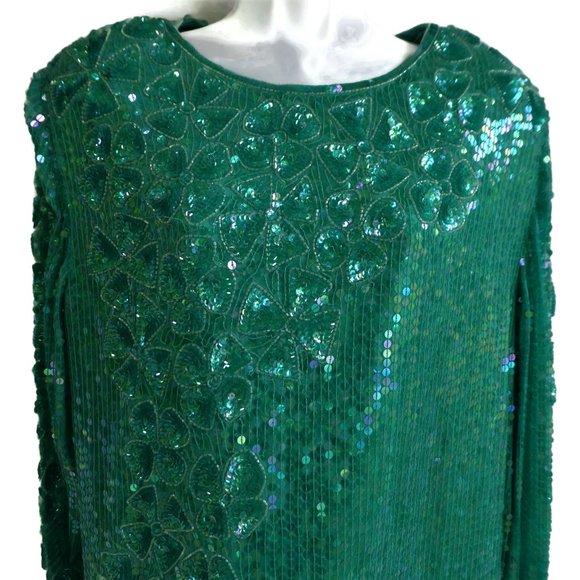 SiLK Vintage SWEE LO 80s Top Full Floral Sequin Disco Silk Emerald Green XXL - Picture 3 of 12